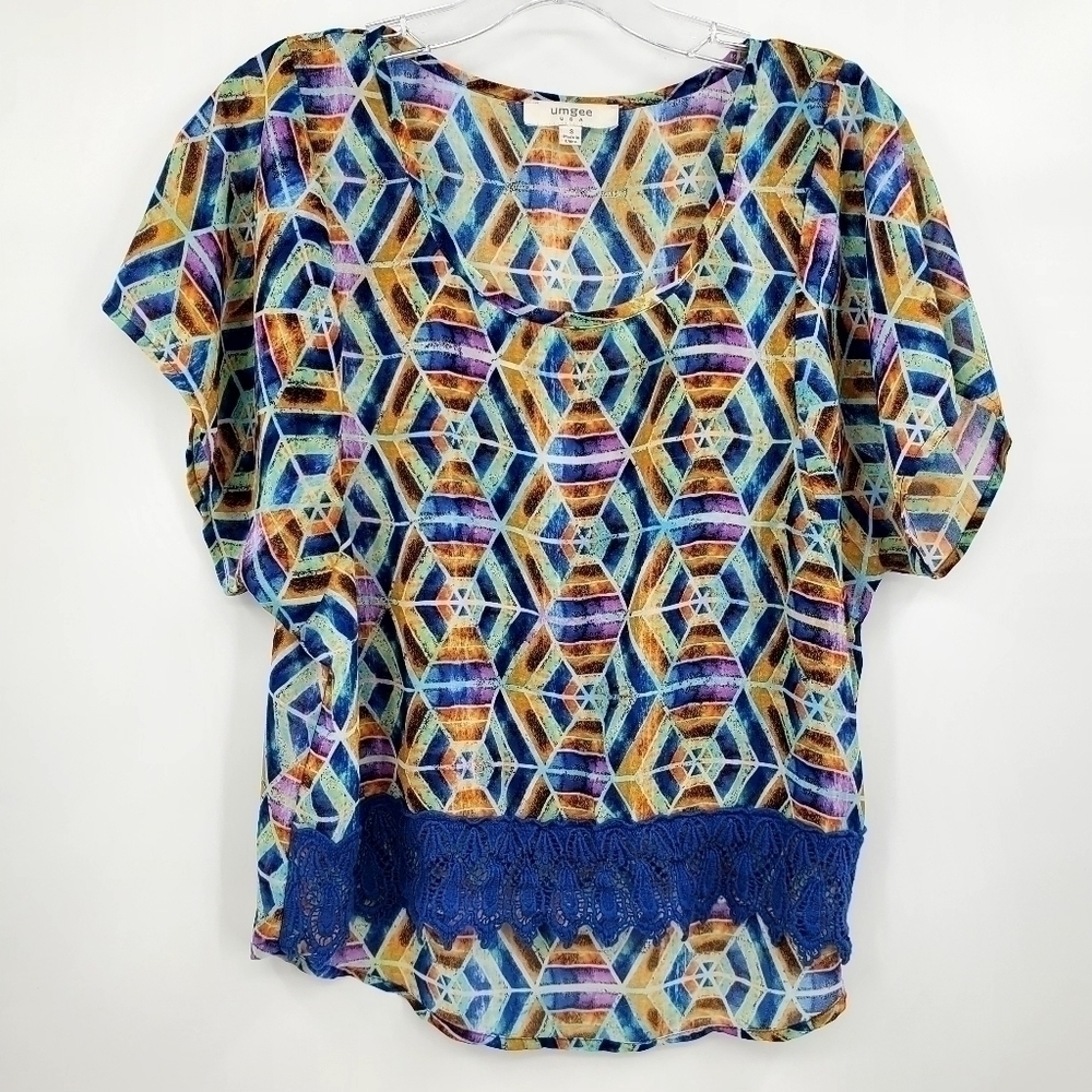 Umgee Cotton Blend Multicolor Printed Crotchet Bottom Sheer Top